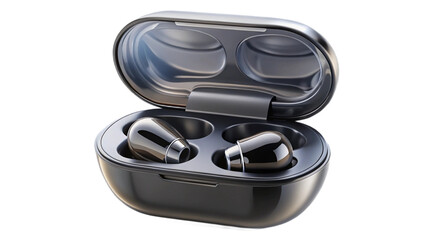 Naklejka premium Black Wireless Earbuds In Open Charging Case Modern Technology