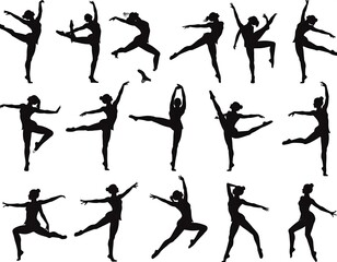 Black silhouette poses of a female dancer in various ballet positions, isolated on white background