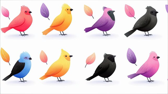 A vibrant collection of stylized birds in various colors like pink, yellow, purple, blue, and black, accompanied by decorative leaves.