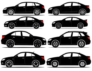 Black car collection illustrations depicting various sedan and hatchback styles on white
