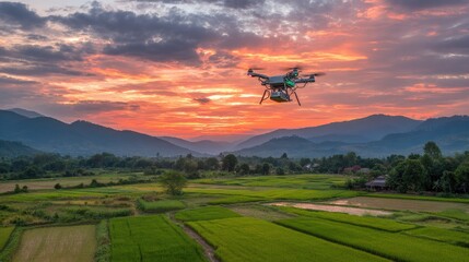 Fototapeta premium Drone Flying Over Rice Fields at Sunset in Scenic Mountain Landscape