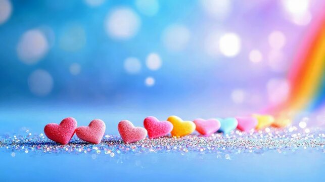 A row of small, colorful heart-shaped candies rests on a sparkling surface, with a blurred blue background featuring bokeh lights and a rainbow arc.
