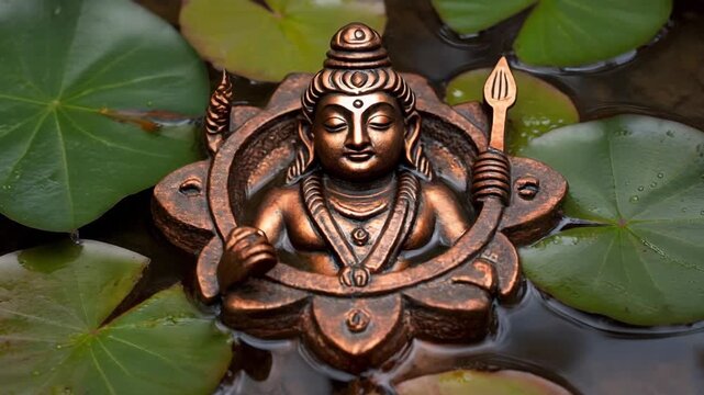 Lord Ayyappan Idol in Water with Lotus Leaves a Symbol of Purity and Devotion.