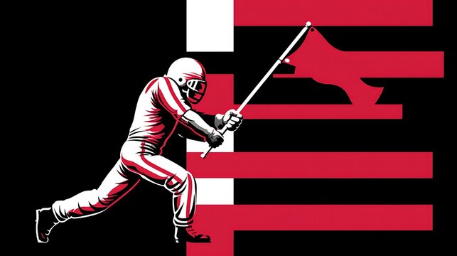 American Football Player Wearing Helmet Swinging Flag on Stylized Red and White Stripes Background - Powered by Adobe