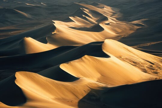 Golden sand dunes casting shadows at sunset in a vast desert landscape with ripples and curves of undulating terrain
