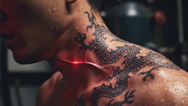 Shirtless man flaunts dragon neck tattoo; red laser cuts skin as sweat glistens under light fierce!!