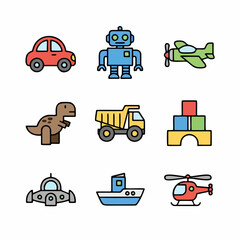 Kid Boy Toys Icon Set – Car, Robot, Dinosaur, Truck, Plane, Ship, Helicopter, Blocks – Cute Vector Pack