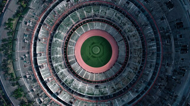 Aerial View of Circular Stadium with Empty Seats and Green Field in the Center Surrounded by Packed Rows of Seating