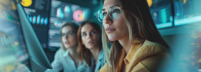 Tech Minds at Work: Three women collaborate, their gaze fixed on an array of data, symbolizing focus, collaboration, and technological prowess. Capturing innovation in a cutting-edge setting.