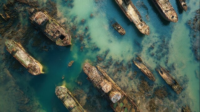 Abandoned Shipwrecks in Shallow Waters Creating a Ghostly Maritime Landscape Surrounded by Turquoise Sea and Rocky Shoreline - Powered by Adobe