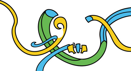 Abstract flowing ribbon design with green blue and yellow curves on a white background