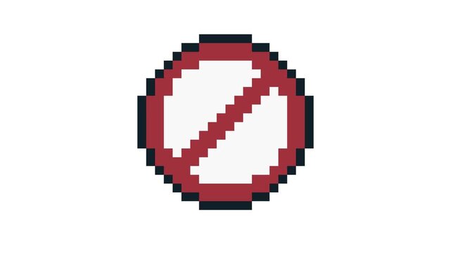 8-bit pixel art prohibit red circle traffic sign. looped animation 4k 30fps