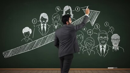 A man in a suit draws on a chalkboard with illustrations of people and a rising arrow - Powered by Adobe