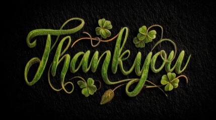 Elegant Thank You Lettering with Green Leaves and Shamrocks Design