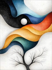 Obraz premium An abstract composition featuring flowing, textured waves of color in shades of black, blue, orange, and yellow, with a white moon and a bare tree silhouette.