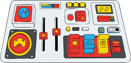 Stylized Control Panel With Sliders Dials Gauges And Buttons In Red Blue And Yellow Colors On White Background