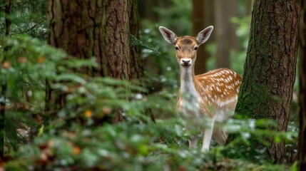 Graceful Young Deer in Lush Green Forest Surrounded by Trees