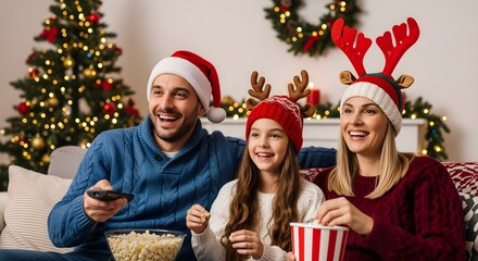 Joyful family in festive hats watching a Christmas movie on the sofa, enjoying popcorn together at home
