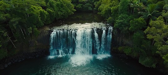 Aerial view of a stunning waterfall enveloped by lush greenery nature travel destination