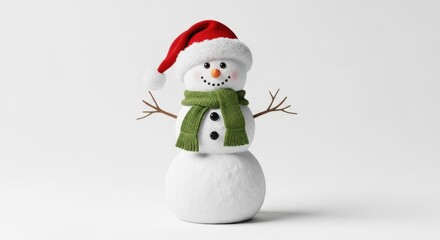 A cheerful snowman wearing a red Santa hat and a green scarf, standing against a clean white background.