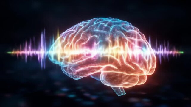 Vivid neon brain glow with electric pink-blue cortex, and radiant synapses, oscillating sound waves