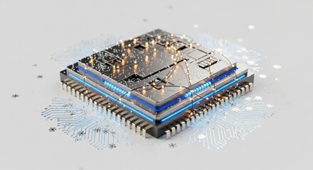 Close-up of a detailed microchip, showcasing intricate circuitry and advanced technology.