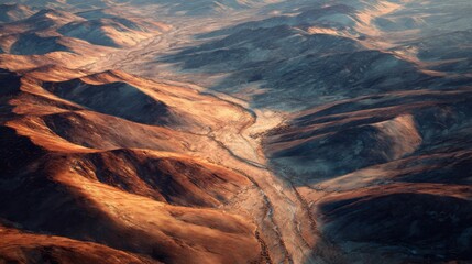 Breathtaking Aerial View of Dramatic Mountain Range with Valleys and Textured Shadows Under Golden Sunlight