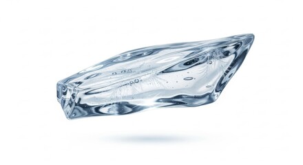 Translucent ice shard with internal bubbles, isolated on white.