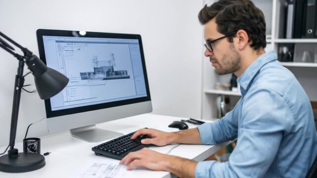 A man in glasses works on a computer, displaying a blueprint, at a clean, white desk