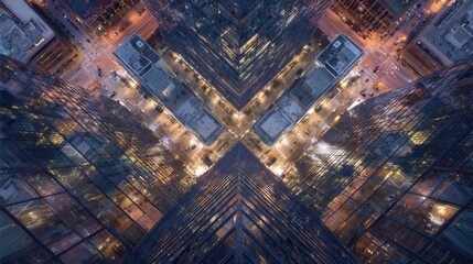 Aerial View of Skyscrapers in Downtown Area at Night with Lights Shining Intersecting Streets and Building Rooftops