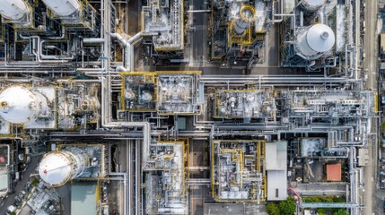 Aerial View of Industrial Complex with Piping Systems and Storage Tanks in Urban Area