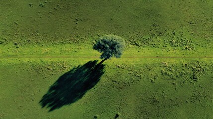 Aerial View of Isolated Tree Casting Long Shadow on Lush Green Meadow Under Bright Sunlight in Scenic Landscape
