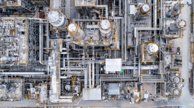 Aerial View of Complex Industrial Facility with Pipes, Tanks, and Machinery Representing Urban Manufacturing and Production Processes - Powered by Adobe