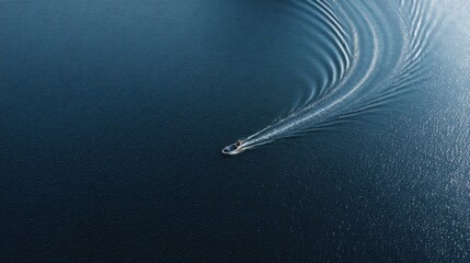 Aerial View of a Single Motorboat Creating Ripples on a Serene Blue Lake Surrounded by Calm Water Under Bright Sunlight