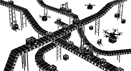 Complex network of automated conveyor belts and delivery drones transporting packages.