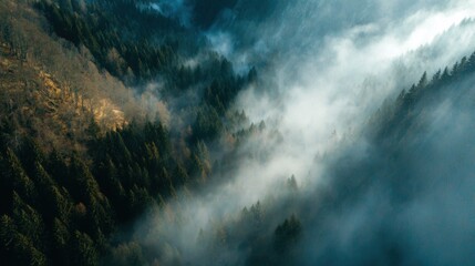 Ethereal Mist Over Lush Green Forest Landscape in Majestic Mountain Valley at Dawn