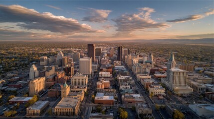 Aerial View of Urban Landscape at Sunset with Beautiful Cloud Patterns Over City Skyline and Buildings