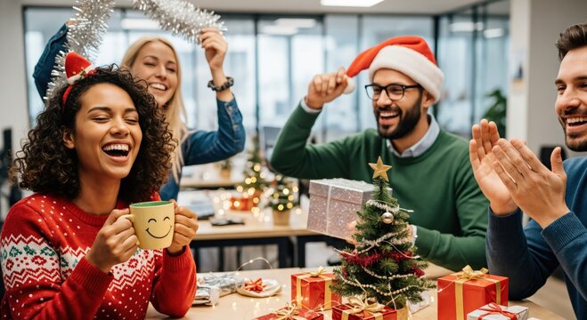 Happy diverse young colleagues celebrating Christmas holiday party in a modern office, laughing and exchanging gifts with festive decorations. - Powered by Adobe