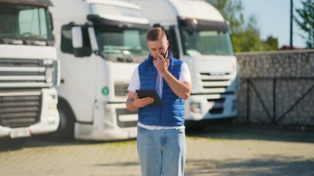 Logistic manager using tablet and walkie talkie in truck parking lot
