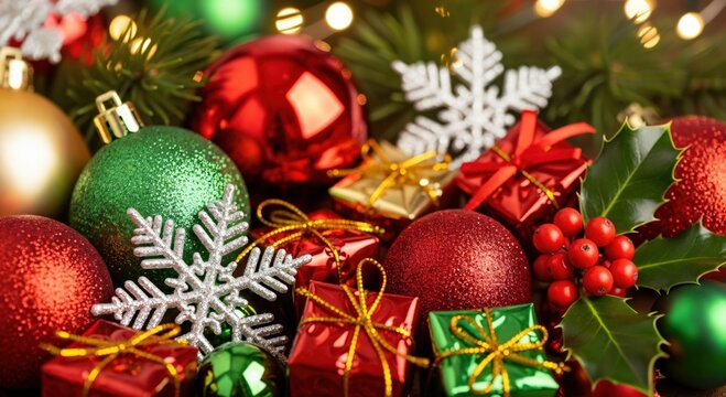 Vibrant Christmas Holiday Decorations with Ornaments, Gifts, Holly, and Snowflakes on a Festive Background