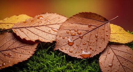Autumnal Still Life: Dew-Kissed Leaves on Verdant Moss Bed, Intimate Fall
