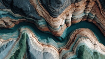 Abstract aerial view of colorful river canyon with intricate rock formations and natural patterns in vibrant shades of brown and blue
