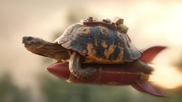 Toy turtle rides a red rocket-like craft, shell speckled, gear atop, warm sunset blur, forest scene