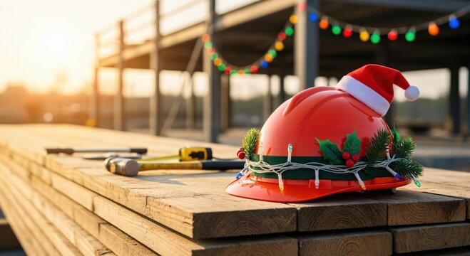 Festive red construction hard hat adorned with a Santa hat, holly, and string lights, resting on wooden planks at a building site during golden hour. - Powered by Adobe