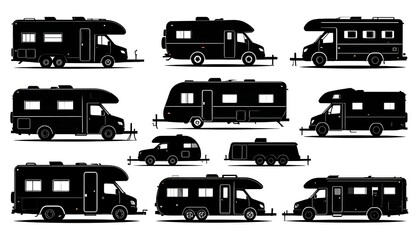 Black silhouettes of various RV and trailer types, side views, for travel and camping themes