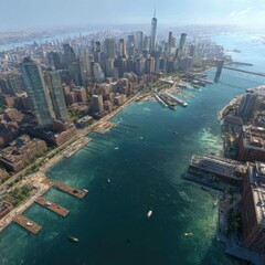 Aerial View of Urban River and City Skyline with Modern Architecture and Boats on Water