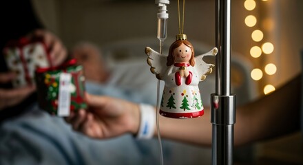 Christmas angel ornament hanging on an IV pole in a hospital room with a patient receiving gifts, symbolizing hope and care during the holiday season