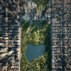 Aerial View of Urban Park Surrounded by Skyscrapers in a Vibrant City Landscape