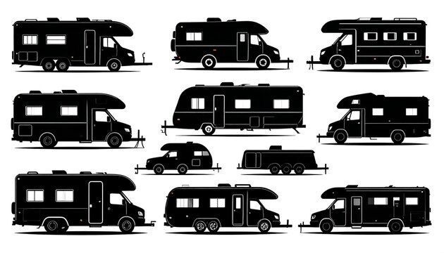 Black silhouettes of various RV and trailer types, side views, for travel and camping themes
