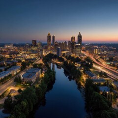 Stunning Aerial View of Atlanta City Skyline at Dusk with Beautiful River and Urban Landscape Illuminated by Twilight